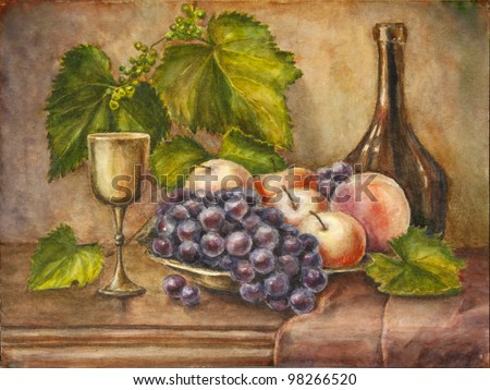 Fruits and bottle. Still life. Watercolor painting.
