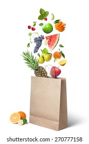 Fruits falling into bag isolated on white background. Healthy eating concept - Shutterstock ID 270777158