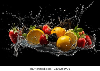 fruits falling in water splash, isolated on black background - Powered by Shutterstock
