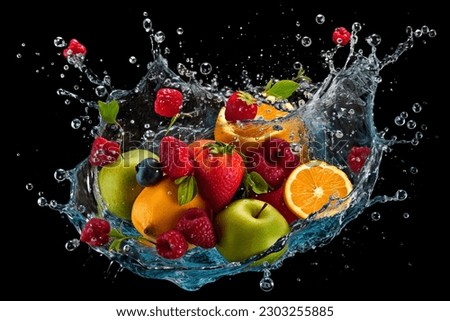 fruits falling in water splash, isolated on black background
