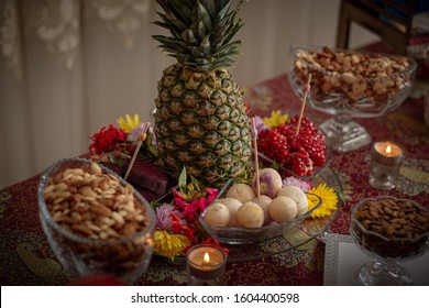 Fruits And Gifts For Yalda Night (the Highest Night Of The Year Celebrated In Persian And Persian Culture), Including Pomegranate Watermelon Cakes And Pastries, A Book By Hafez And ......