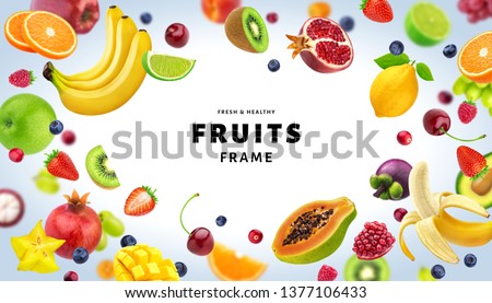 Fruits isolated on white background,  frame made of different flying fruits and berries, with copy space, fresh and healthy food template