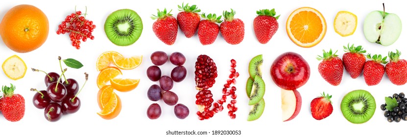 Fruits. Mixed Fruits And Berries On The White Background. Fresh Food. Word Fruit.