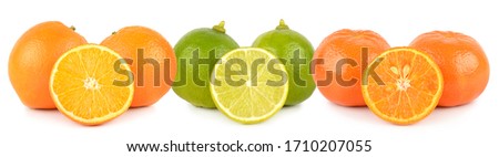 Fruits orange, mandarin, lime whole and half isolated on white background