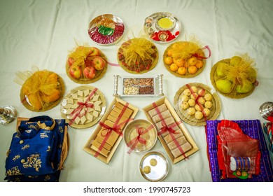 Fruits, Sweets Decorated In A Plate For Baby Shower Party. South Indian Baby Shower Rituals. Srimantham