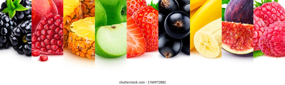 Fruits texture, isolated on white background with copy space, border of fresh and healthy fruits, close-up, panoramic photo