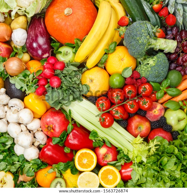 果物と野菜の背景に食べ物コレクション の写真素材 今すぐ編集