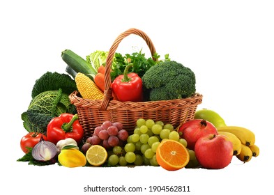 A Fruits And Vegetables Basket In The White Background