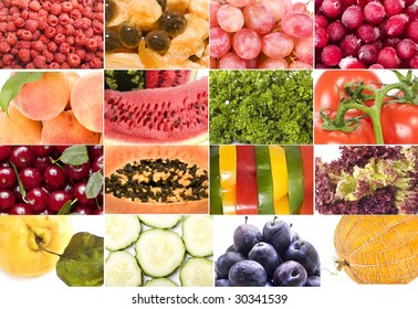 fruits,  vegetables,  berries,  flowers collage on white background 
