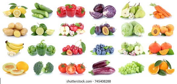 Fruits And Vegetables Collection Isolated Apples Tomatoes Oranges Lemons Colors Fruit On A White Background