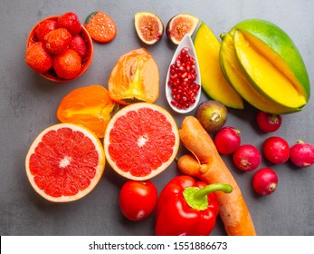 Fruits And Vegetables Containing Lycopene. Healthy Vegan Food Background. Lycopene Is A Red Carotenoid Pigment