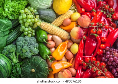 Fruits And Vegetables Fresh Large Rainbow Overhead Assortment Colorful Background Green, Yellow To Red In Studio