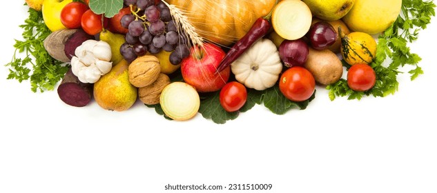Fruits and vegetables isolated on white background. Free space for text. Wide photo. - Shutterstock ID 2311510009
