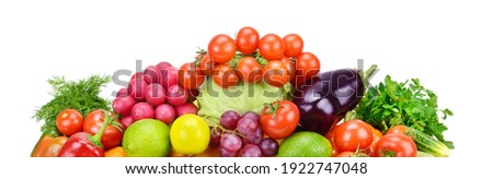 Fruits and vegetables isolated on a white background. Healthy food. Wide photo.