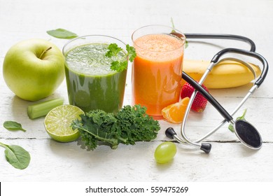 Fruits, Vegetables, Juice, Smoothie And Stethoscope Health Diet And Fitness Lifestyle Concept