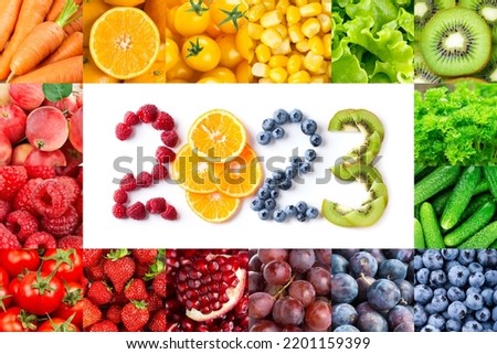 Fruits and vegetables. New year 2023 made of fruits and vegetables. Healthy food. Texture