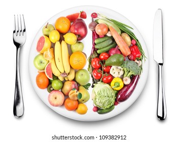 Fruits And Vegetables Are On Opposite Sides Of The Plate. Image On White Background.