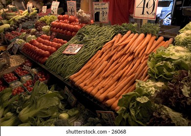 Fruits and vegetables for sale at the Pike Place Market