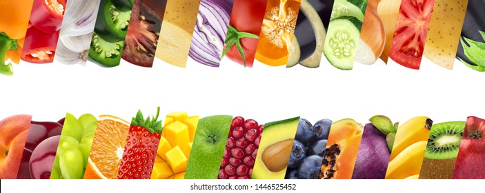 Fruits And Vegetables In Stripes Closeups Collage. Trendy Organic Farming Produce Background. Ripe Juicy Fruits, Berries Backdrop. Exotic, Tropical Summer Salad Ingredients. Eco Agricultural Products