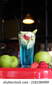 Fruity Blue Colored Fresh Soda In A Tall Glass