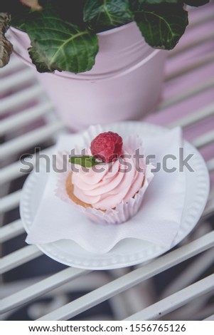 Fruity cupcake with whipped cream and raspberry on a plate