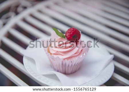 Fruity cupcake with whipped cream and raspberry on a plate
