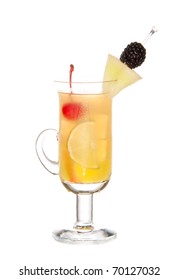 Fruity Mocktail Drink With Peach Schnapps, Apple Juice, Pineapple, Maraschino Cherry, Lime, Orange Tea And Blackberry In Cocktail Coffee Glass Isolated On A White Background