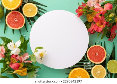 Fruity summer vibes concept. Top view flat lay of colorful alstroemeria flowers with ripe orange, grapefruit, lime, and lemon with palm leaves on pastel teal background with empty circle for promotion - Shutterstock ID 2290342197