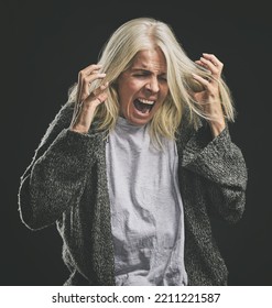 Frustrated, Angry Scream Of Elderly Woman With Mental Health Issue In Retirement With Mock Up. Rage Of Senior Lady Suffering With Anger, Ptsd And Depression Problem In Old Age Shouting.