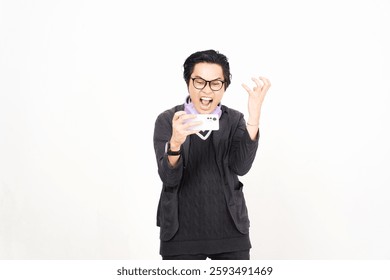 Frustrated angry while playing mobile game on smartphone Of Handsome Asian Man Isolated On White Background