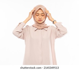 Frustrated Asian Woman In Hijab Holding Head With Headache