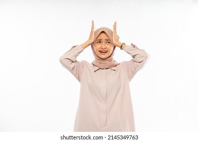 Frustrated Asian Woman In Hijab Holding Head With Headache