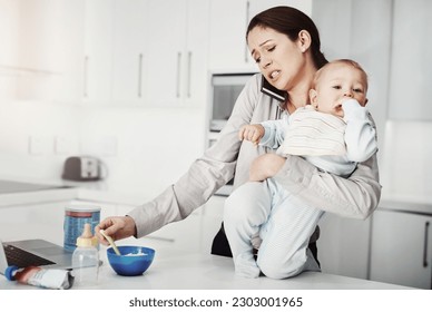 Frustrated, baby and mother busy multitasking in home with phone, food and work or childcare, stress and pressure. Mom, newborn boy and overwhelmed with no support, partner or working single parent - Shutterstock ID 2303001965