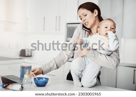 Frustrated, baby and mother busy multitasking in home with phone, food and work or childcare, stress and pressure. Mom, newborn boy and overwhelmed with no support, partner or working single parent