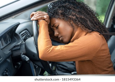 Frustrated Black Woman Stuck In Traffic Jam