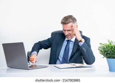 Frustrated Boss Hitting Laptop Hammer Office Stock Photo 2167003885 ...