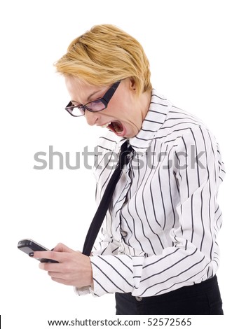 Frustrated Businesswoman with mobile phone. Isolated