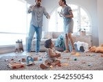 Frustrated couple, baby and fight with argument for chaos, childhood trauma or conflict in living room dispute at home. Upset, man and woman with child listening to parents in disagreement at house