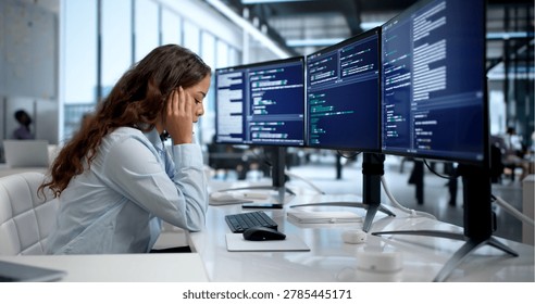 Frustrated Female Engineer Struggles To Debug Complex Broken System Code.