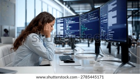 Frustrated Female Engineer Struggles To Debug Complex Broken System Code.