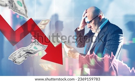 Frustrated investor. Business man is sad. Down arrow near businessman. Investor became bankrupt. Man lost money. Trader learned about collapse financial market. Investor went bankrupt due to crisis Stock photo © 