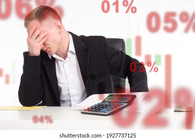 Frustrated investor. Concept - investor is dissatisfied with the unfulfilled forecast. Trader with a calculator. Trader has lost his money. Trader lost money of a hedge fund while investing.
