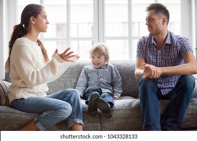 Frustrated Little Boy Son Scared With Mom And Dad Fighting At Home, Sad Stressed Child Suffers From Parents Argument Or Divorce Causing Mental Psychological Trauma, Family Conflicts Hurt Kid Concept