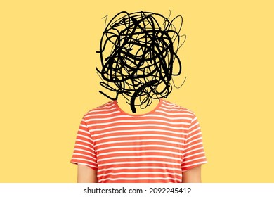 Frustrated man with nervous problem feel anxiety and confusion of thoughts. Mental disorder and chaos in consciousness. Indoor studio shot isolated on yellow background - Shutterstock ID 2092245412
