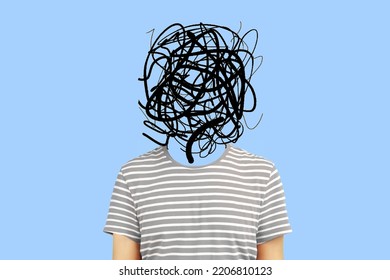 Frustrated man with nervous problem feel anxiety and confusion of thoughts. Mental disorder and chaos in consciousness. Indoor studio shot isolated on blue background - Shutterstock ID 2206810123