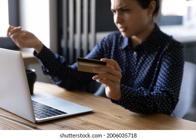 Frustrated Online Shop Customer Having Problems With Payment By Blocked Credit Card On Internet, Using Laptop From Home, Paying Bill Or Tax. Banking Service, App, Financial Data Safety Concept.