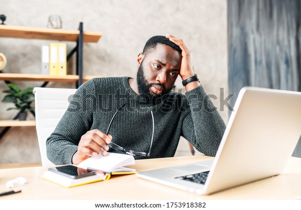 Frustrated Sad Black Guy Watching Laptop Stock Photo Edit Now