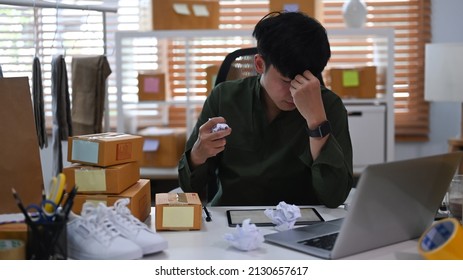 Frustrated Startup Small Business Owner Felling Stress About His Business Result.