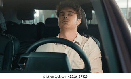 Frustrated stressed worried irritated angry Caucasian driver worry about traffic jam lateness business failure relationship breakup auto broken lost man problem sit in car automobile driving trouble - Powered by Shutterstock