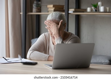 Frustrated unhappy old senior retired woman feeling stressed calculating domestic expenditures or managing monthly budget, suffering from lack of money, having financial problems, bankruptcy concept. - Shutterstock ID 2103416714
